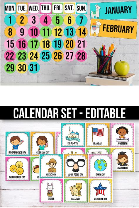 Editable Calendar Set Succulent Classroom Decor Llama Classroom Decor Classroom Calendar Set