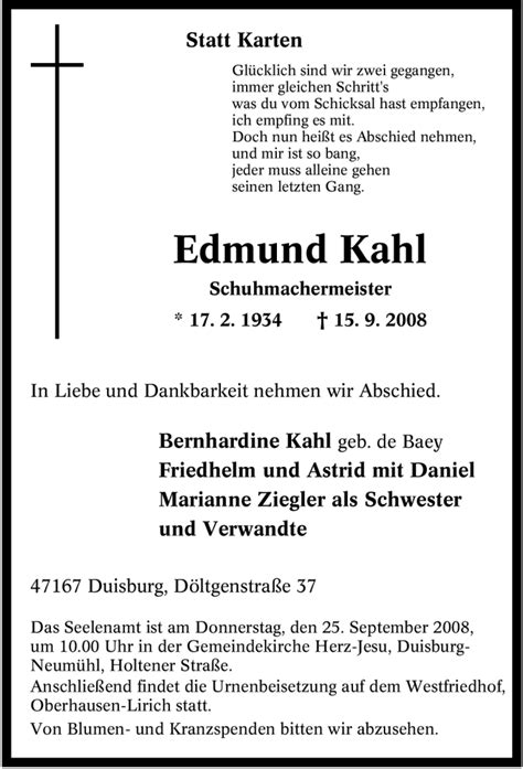 Traueranzeigen Von Edmund Kahl Trauer In Nrw De