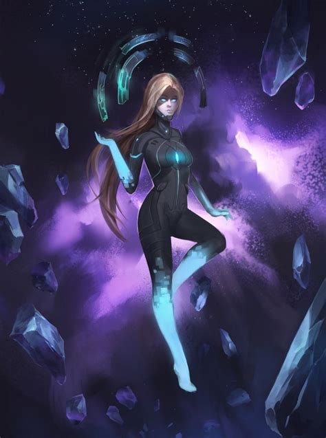 A Woman With Long Hair Standing In Front Of Some Rocks And Purple Clouds Surrounded By Crystals