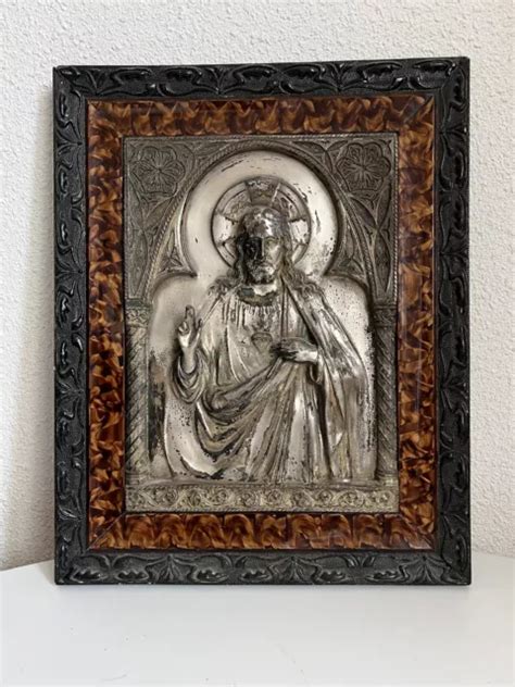 BAS RELIEF LE Sacré Cœur de Jésus Christ en cuivre Argenté repoussé EUR