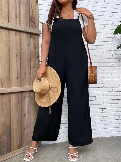 SHEIN LUNE Plus Solid Wide Leg Overall Jumpsuit Without Tee SHEIN USA