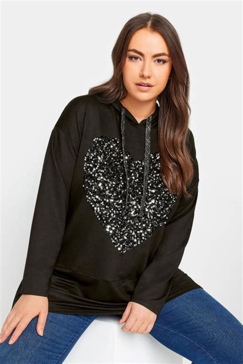 Yours Plus Size Black Sequin Embellished Heart Longline Hoodie Yours