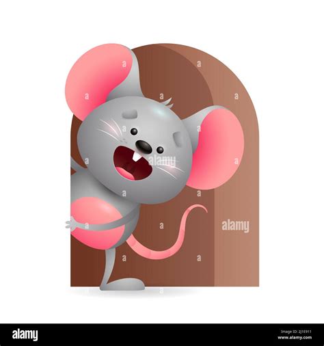 Cheerful Grey Mouse Peeking Out From Hole Symbol Of Year Animal Rat