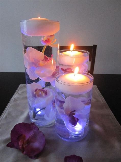 White Purple Orchid Floating Candle Wedding Centerpiece Kit Led