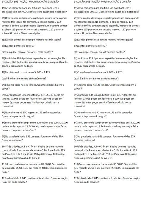 Problemas Com As 4 Operações 5 Ano - BEL CARDOZO: Problemas envolvendo as 4 operações(5º ano) Caderno
