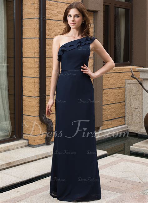 Sheath Column One Shoulder Floor Length Chiffon Bridesmaid Dress With