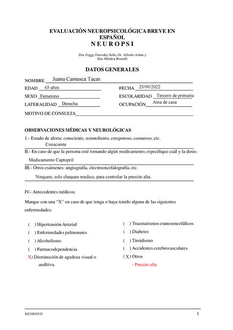 Protocolo Neuropsi Edicion Evaluaci N Neuropsicol Gica Breve En