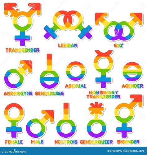 Collection of Gender Symbols in Rainbow Colors with Gender Names. Label Set. Rainbow Stickers ...