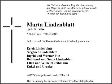 Traueranzeigen Von Marta Lindenblatt Trauer In Nrw De