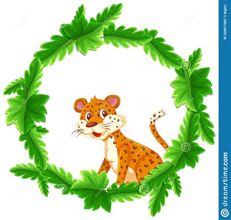 Round Green Leaves Banner Template With A Leopard Cartoon Character