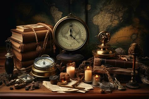 Vintage still life with old books, compass, clock and candlestick ...