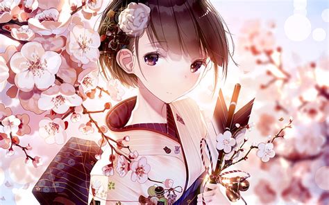 Anime Mädchen Kimono Sakura Blossom Süß Kurze Haare Anime Hd Hintergrundbild Wallpaperbetter