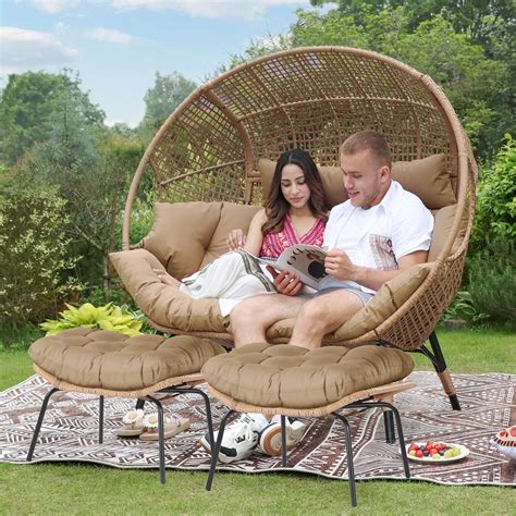 Nicesoul Double Egg Chair With Ottomans Outdoor Wicker Patio Egg Chairs