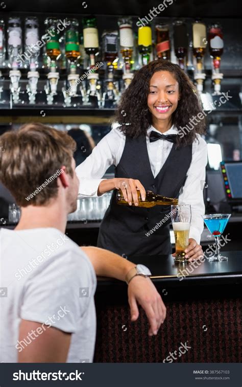 Beautiful Barmaid Pouring Beer Glass Bar Stock Photo 387567103