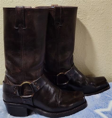 Frye Vintage Brown Leather Harness R Tall Square Toe Biker Boot Women