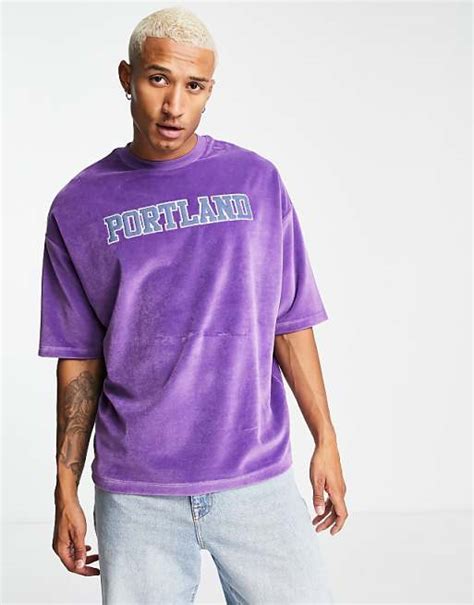 Asos Design Oversized T Shirt In Purple Velour With City Applique Asos