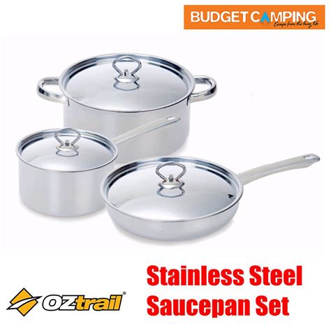 Oztrail Stainless Steel 3pcs Saucepan Set Budget Camping