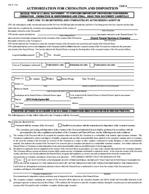 Fillable Online Cremation Authorization Form Virgil T Golden Funeral