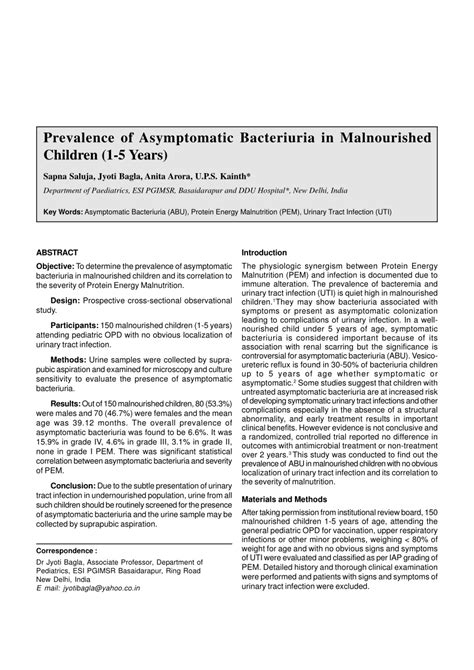 (PDF) Prevalence of Asymptomatic Bacteriuria in Malnourished Children ...