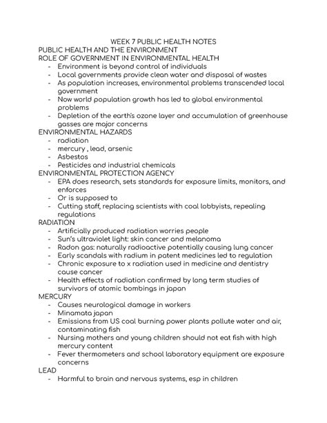 Week 7 Public Health Notes Week 7 Public Health Notes Public Health And The Environment Role