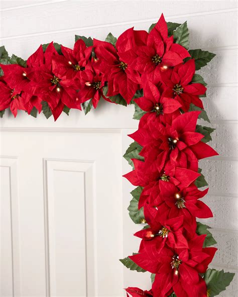 Outdoor Lit Poinsettia Celebration Artificial Christmas Garland