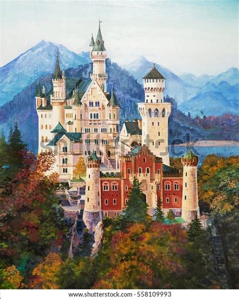 Original Oil Painting Famous Neuschwanstein Castle Stock Illustration