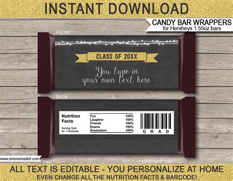 Gold Graduation Hershey Candy Bar Wrappers Personalized Candy Bars