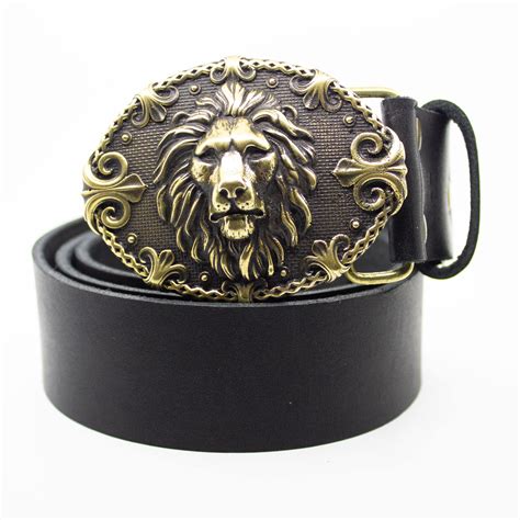 Leather Belt Lion King Buckle Brass Lion Head Belt With Etsy