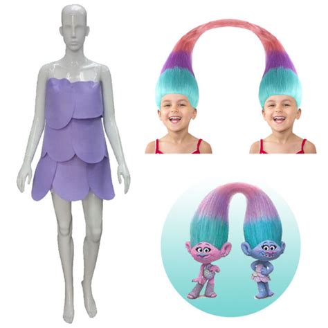 Women Cosplay Twin Trolls Satin Chenille Costume 2 Colorful Wigs Or Purple Dress Ebay