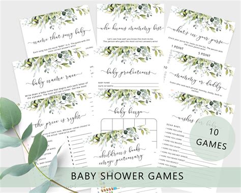 Greenery Baby Shower Games Bundle Eucalyptus Baby Shower Games