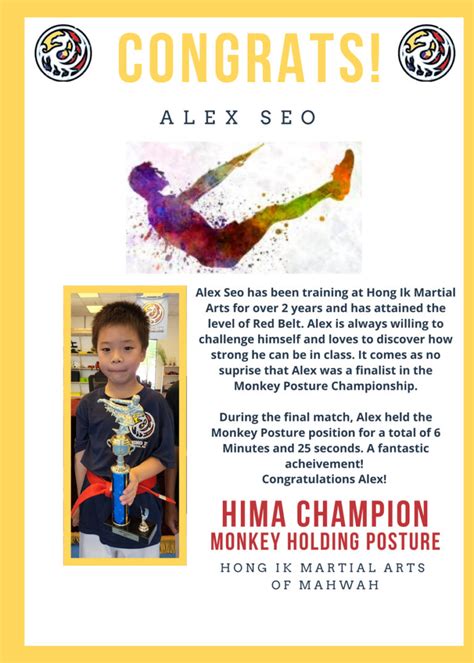 Hong Ik Martial Arts Of Mahwah July Hima Champion Monkey