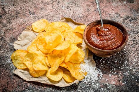 Premium Photo Potato Chips With Tomato Sauce And Salt