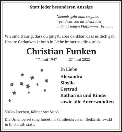 Traueranzeigen Von Christian Funken Wirtrauern