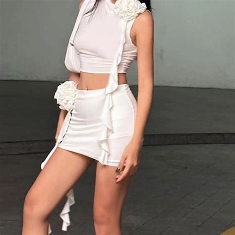 Summer Club Streetwear Sleeveless D Flower Ruffle Crop Tops Sexy