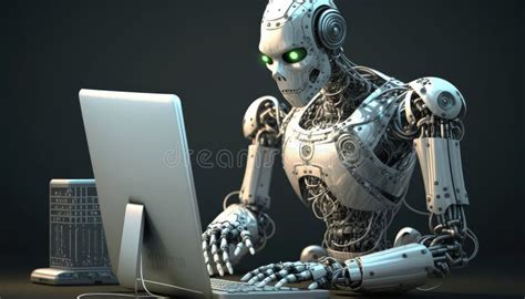 AI Robot Using Laptop Computer Programmer Coding Stock Image Image