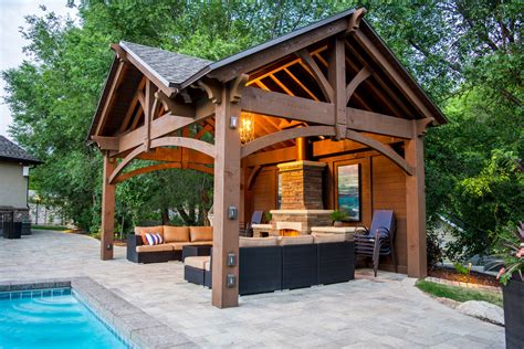 Poolside Timber Frame Pavilion W Fireplace Chandelier Craftsman