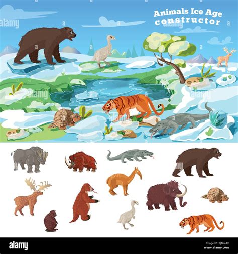 Animals Ice Age Concept With Wildlife Design And Set Of Beasts Of