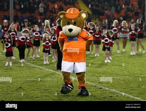 Blackpools Mascot Bloomfield Bear With Cheerleaders Before Kick Off