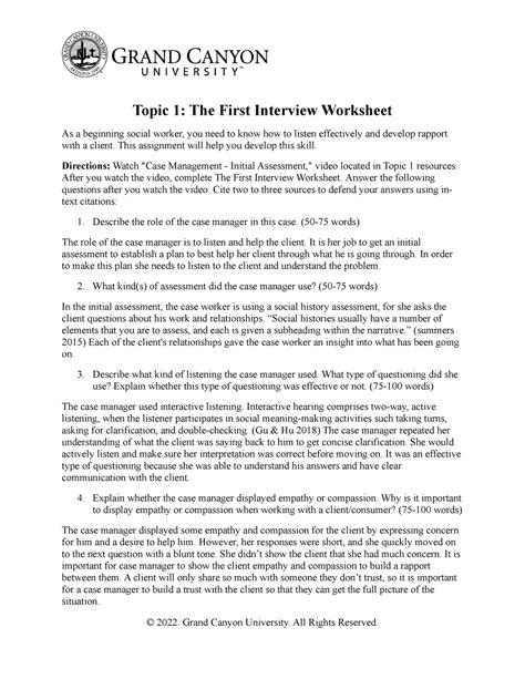 Soc Rs T First Interview Worksheet Topic The First Interview