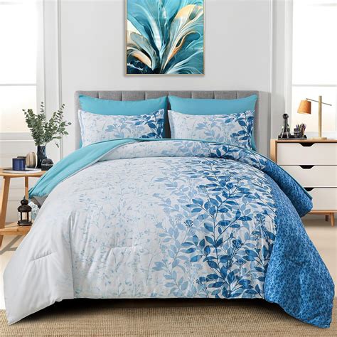 Amazon Dobuyly Blue Queen Comforter Set Botanical Leaves Bed In A