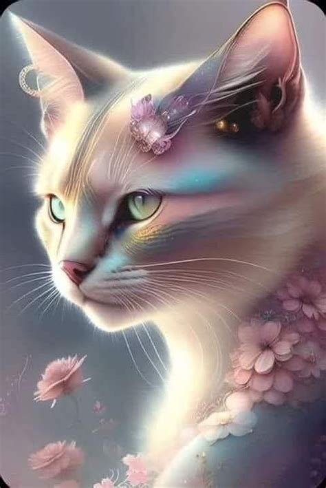 A Painting Of A White Cat With Blue Eyes And Pink Flowers On Its Neck