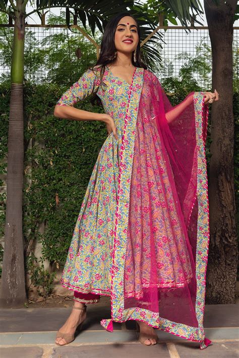 Buy Pink Cotton And Soft Net Print Hand Block Leaf Neck Anarkali Pant