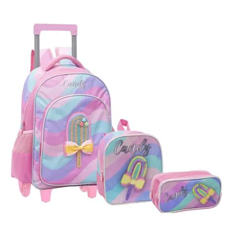 Kit Mochila De Rodinhas Infantil Menina Kit Escolar Picolé Candy