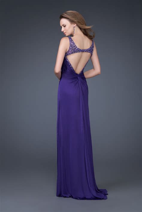 Purple A Line V Neck And Strap High Slit Open Back Sweep Train Floor