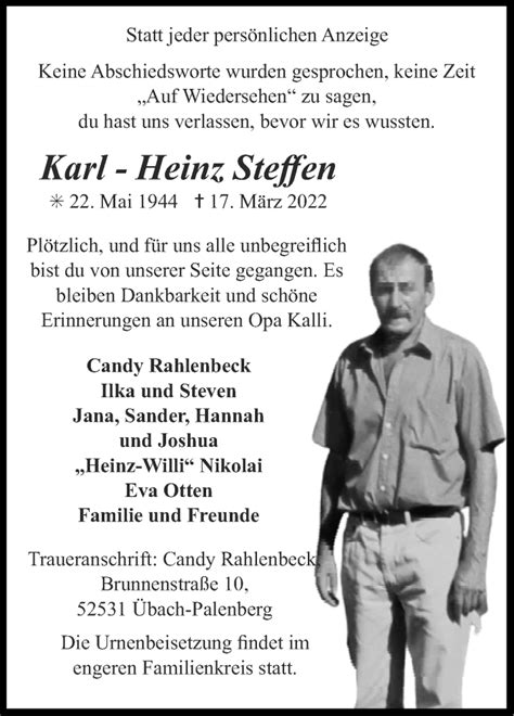 Traueranzeigen Von Karl Heinz Steffen Aachen Gedenkt