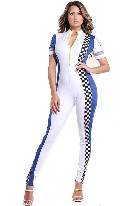 Women Race Car Driver Costume Racing Uniform Jumpsuit Checkered Flag