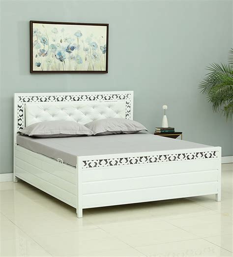 Buy Jefferson Metal Queen Size Bed With Hydraulic Storage In White ...