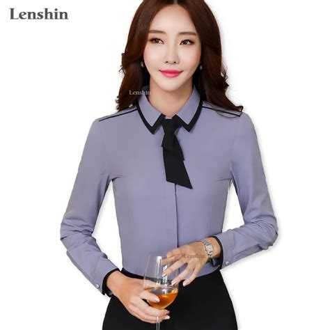 Lenshin Gray Tie Shirt Women Tops Cover Button Long Sleeve Bow Contrast