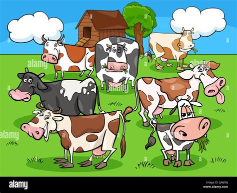 Cartoon cows farm animals group in the countryside Stock Photo - Alamy