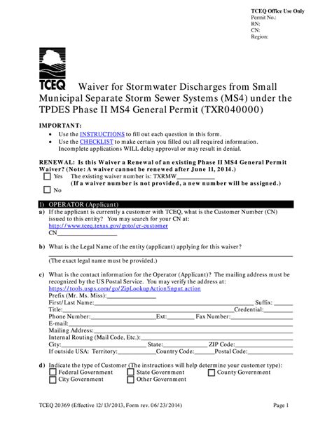 Fillable Online Tceq State Tx Waiver For Stormwater Discharges From